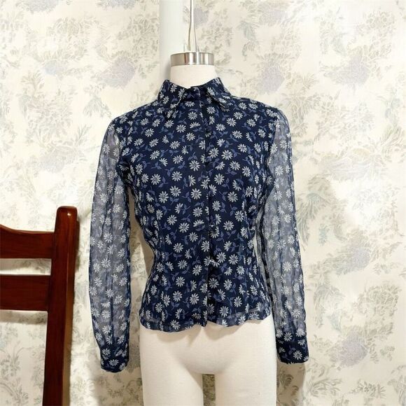 Vintage Y2K Blue Floral Top Small Button Sheer Mock Neck Fitted - Picture 1 of 5